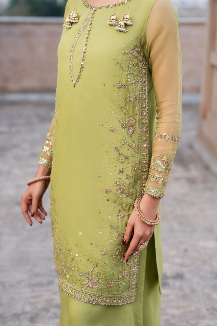 Naqshi | 3 Piece Pistachio & Tea Pink Sharara – Zaraan | Ready To Wear - Image 4