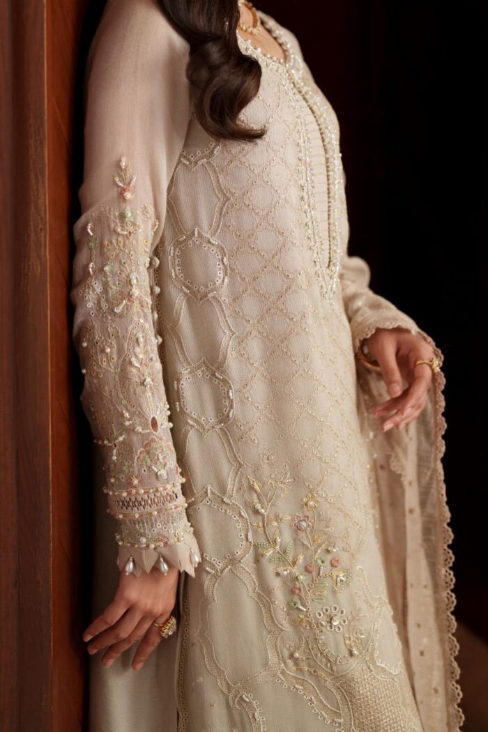 Naqshi | 3 Piece Off-White  Khadi Net luxury pret – Ingrid | Ready To Wear - Image 6