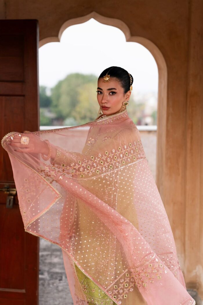 Naqshi | 3 Piece Pistachio & Tea Pink Sharara – Zaraan | Ready To Wear - Image 3