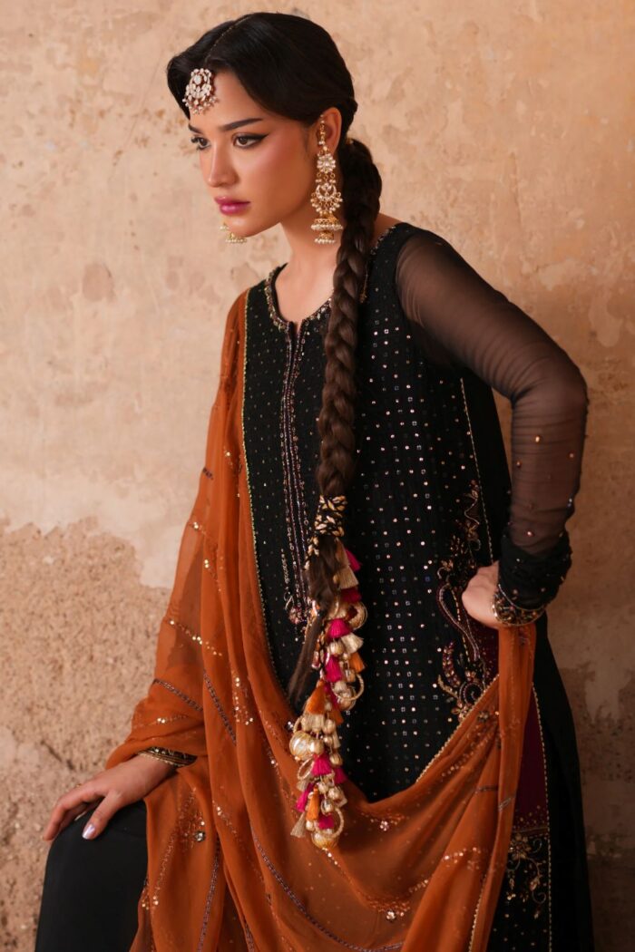 Naqshi | 3 Piece   Black & Orange  Crinkle Chiffon luxury pret – Zarim | Ready To Wear - Image 2