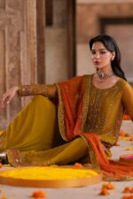Naqshi | 3 Piece Mustard & Orange  Crinkle Chiffon luxury pret – Maahid | Ready To Wear - Image 4