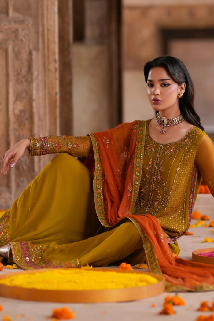 Naqshi | 3 Piece Mustard & Orange  Crinkle Chiffon luxury pret – Maahid | Ready To Wear - Image 4