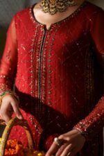 Naqshi | 3 Piece Red & Dark Blue Crinkle Chiffon  luxury pret – Faheel | Ready To Wear - Image 5