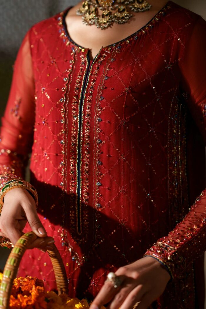 Naqshi | 3 Piece Red & Dark Blue Crinkle Chiffon  luxury pret – Faheel | Ready To Wear - Image 5