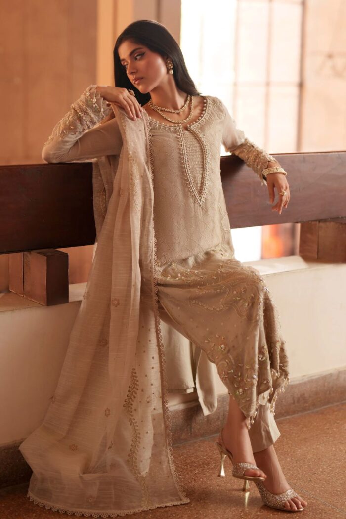 Naqshi | 3 Piece Dusty Beige  Khadi Net luxury pret – Minera | Ready To Wear - Image 5