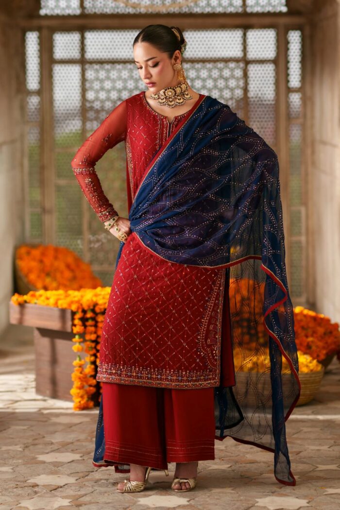 Naqshi | 3 Piece Red & Dark Blue Crinkle Chiffon  luxury pret – Faheel | Ready To Wear - Image 6