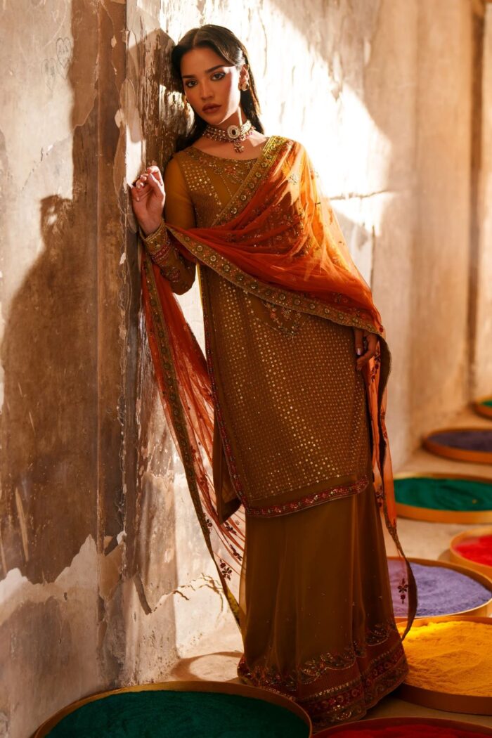 Naqshi | 3 Piece Mustard & Orange  Crinkle Chiffon luxury pret – Maahid | Ready To Wear - Image 2