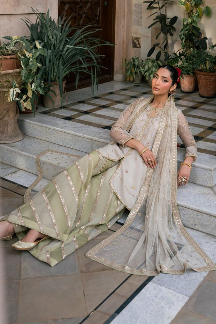 Naqshi | 3 Piece Skin + Pistachio Organza luxury pret – Saaz | Ready To Wear - Image 2