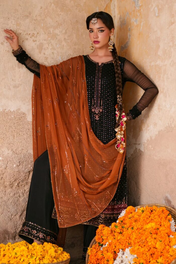 Naqshi | 3 Piece   Black & Orange  Crinkle Chiffon luxury pret – Zarim | Ready To Wear - Image 6