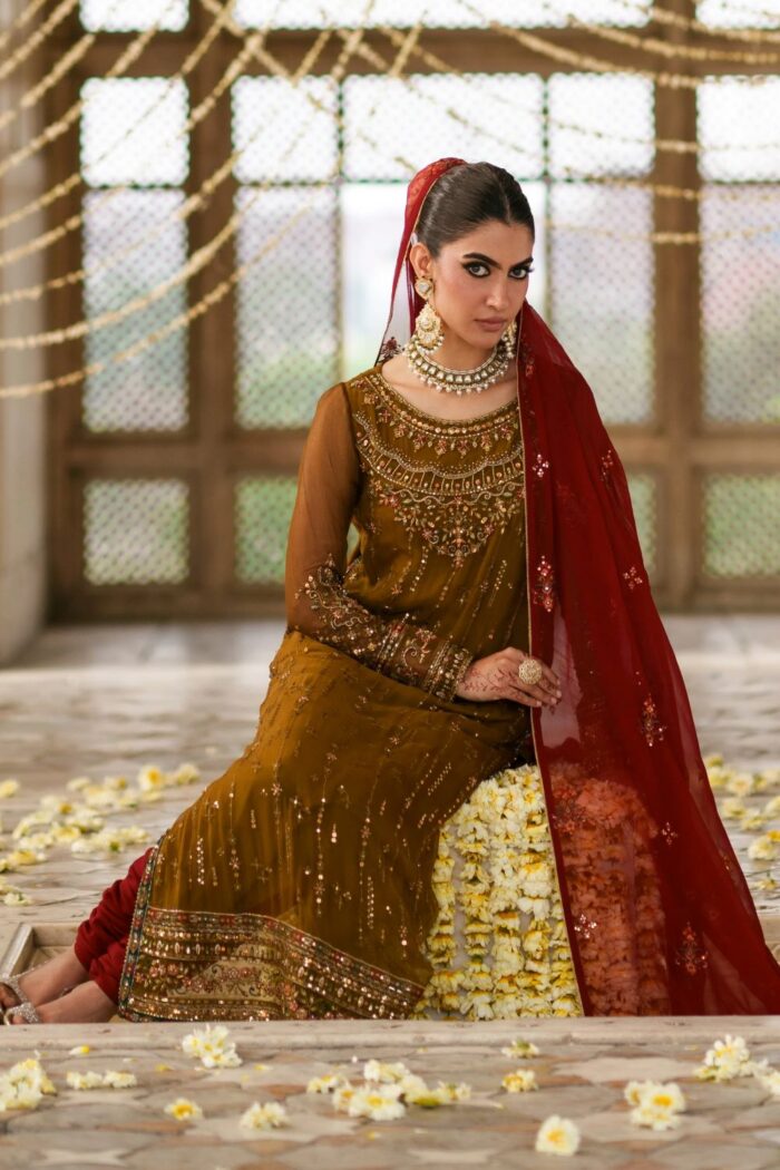 Naqshi | 3 Piece  Brown & Red Crinkle   luxury pret – Huzaim | Ready To Wear - Image 4
