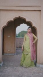 Naqshi | 3 Piece Pistachio & Tea Pink Sharara – Zaraan | Ready To Wear - Image 5