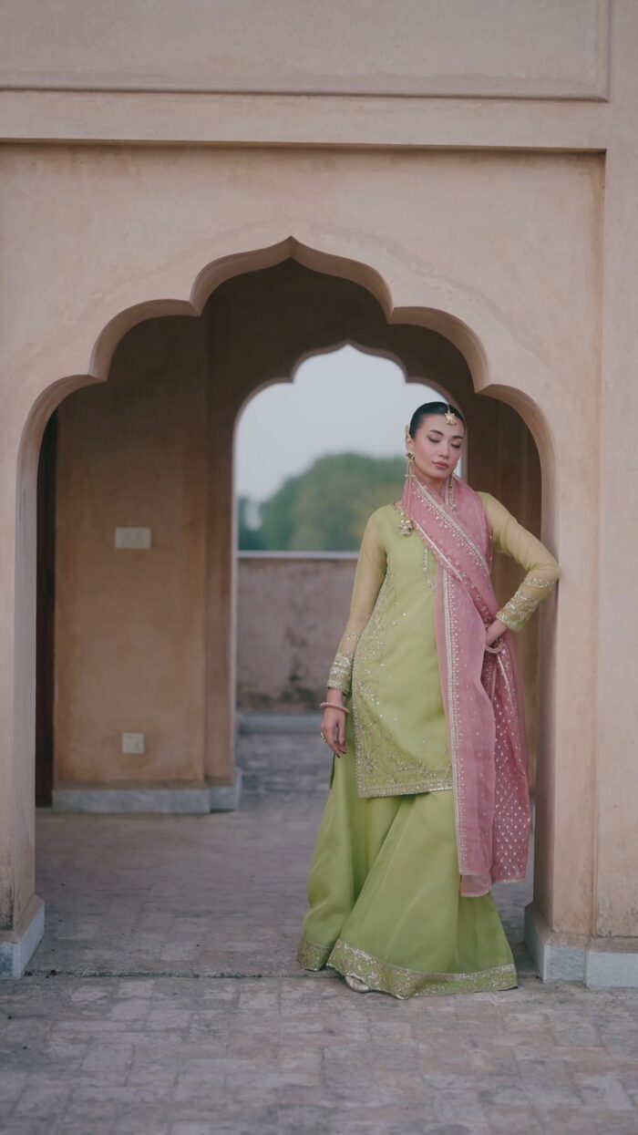Naqshi | 3 Piece Pistachio & Tea Pink Sharara – Zaraan | Ready To Wear - Image 5