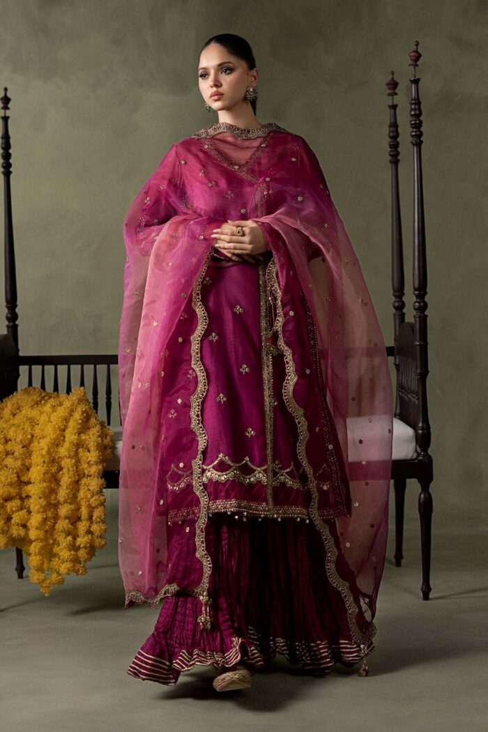 MARIA.B | 3 Piece Embroidered Raw Silk Suit - SF-EA26-26-Pink | Ready To Wear - Image 2