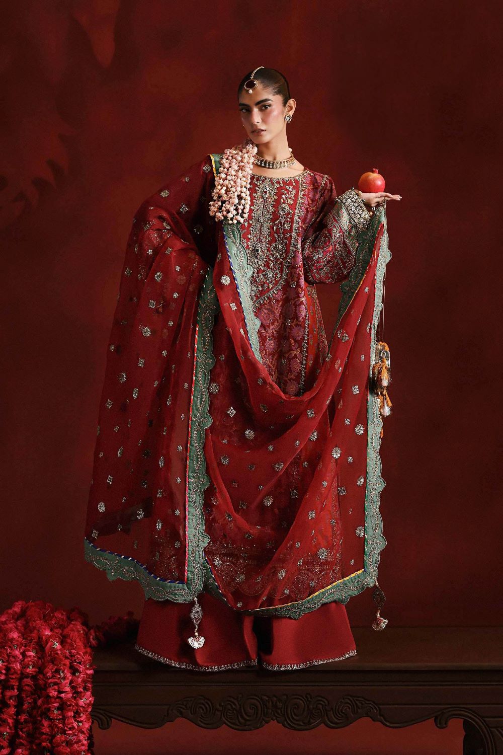SF-EF26-32-Maroon 3 Piece Embroidered Raw Silk Suit