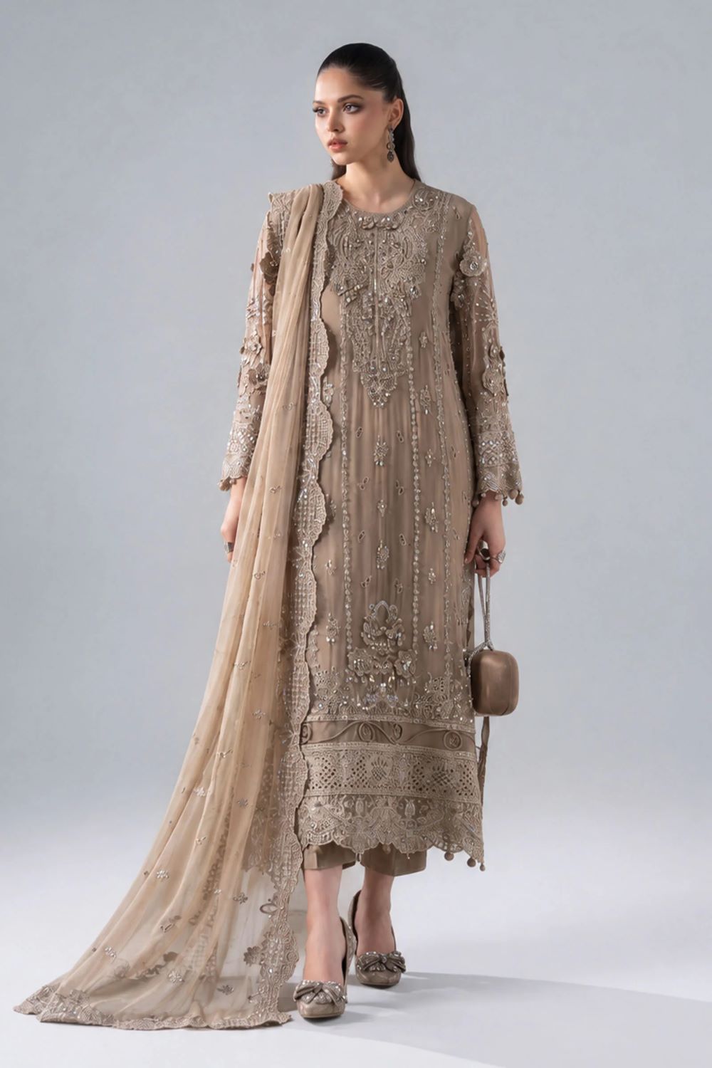 SF-PF26-05-Coffee 3 Piece Embroidered Chiffon Suit
