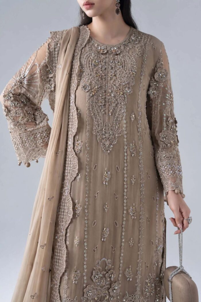 MARIA.B | 3 Piece Embroidered Chiffon Suit - SF-PF26-05-Coffee | Ready To Wear - Image 5