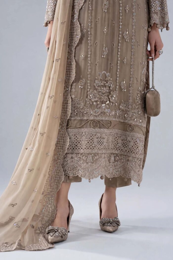 MARIA.B | 3 Piece Embroidered Chiffon Suit - SF-PF26-05-Coffee | Ready To Wear - Image 7