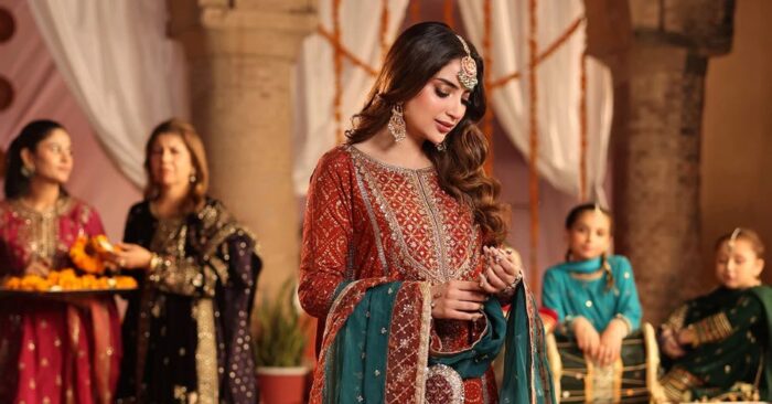 MARIA.B | 3 Piece Embroidered Raw Silk Suit - SF-W25-08R1-Rust | Ready To Wear - Image 4