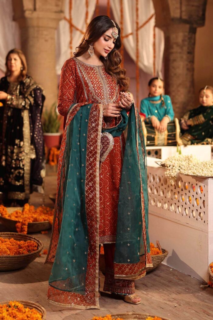 MARIA.B | 3 Piece Embroidered Raw Silk Suit - SF-W25-08R1-Rust | Ready To Wear - Image 2