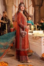 MARIA.B | 3 Piece Embroidered Raw Silk Suit - SF-W25-08R1-Rust | Ready To Wear - Image 3