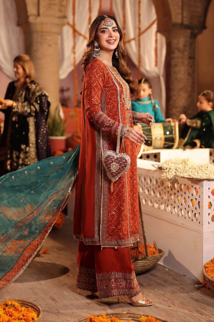 MARIA.B | 3 Piece Embroidered Raw Silk Suit - SF-W25-08R1-Rust | Ready To Wear - Image 3