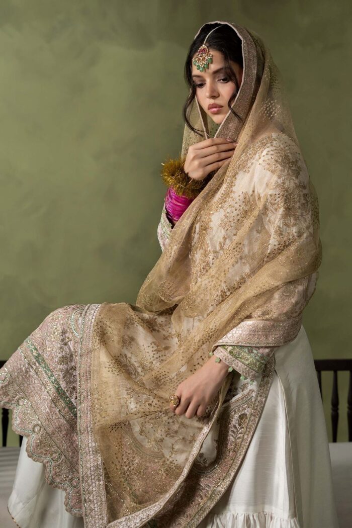 MARIA.B | 3 Piece Embroidered Raw Silk Suit - SF-W26-26-Off White | Ready To Wear - Image 6