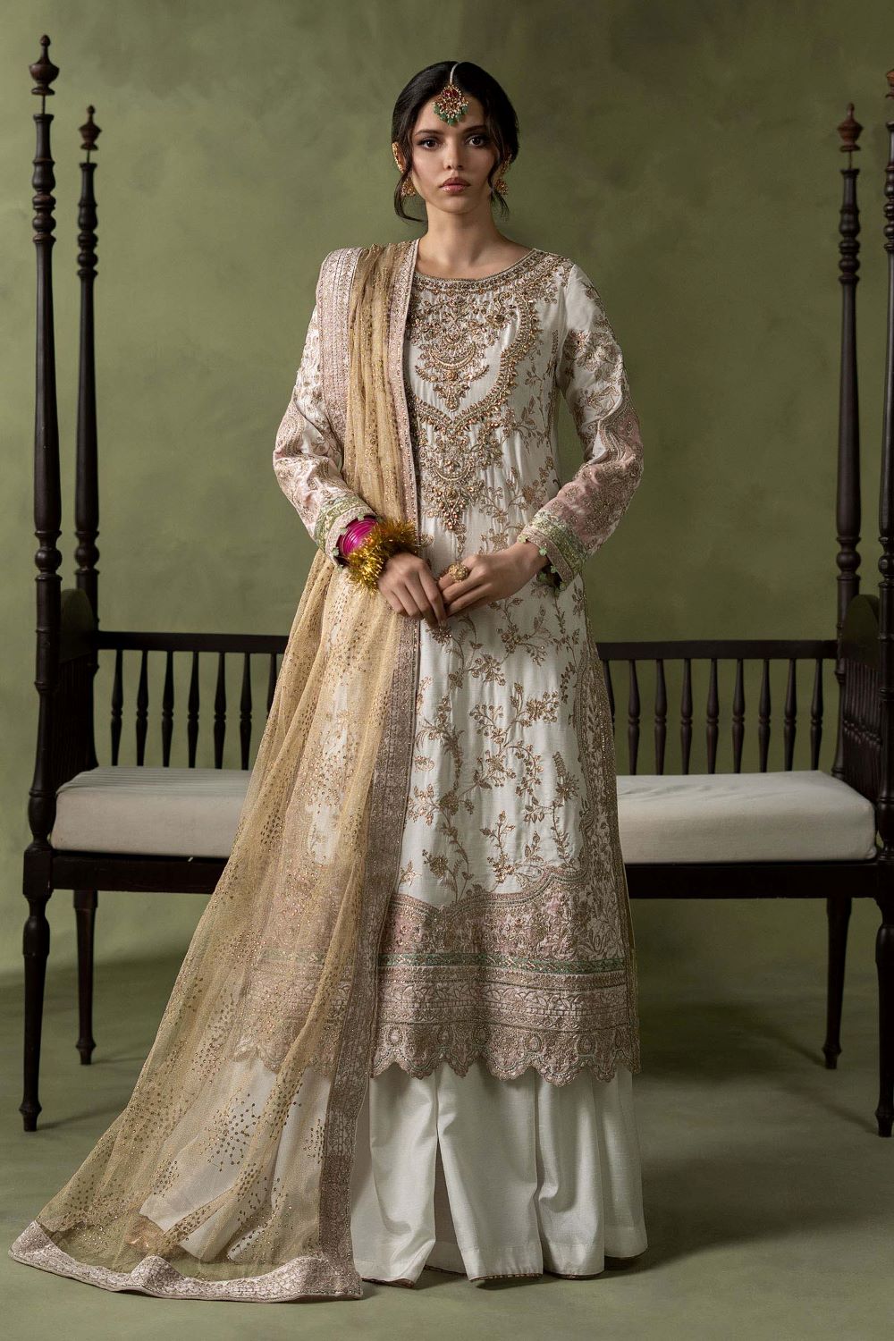 SF-W26-26-Off White 3 Piece Embroidered Raw Silk Suit