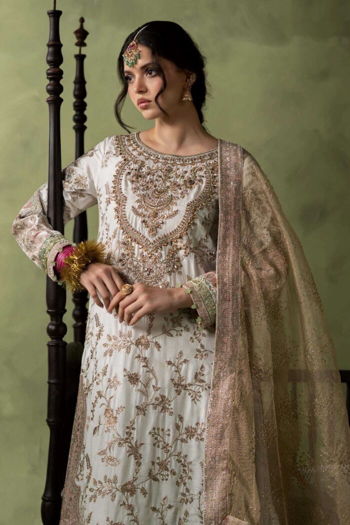 MARIA.B | 3 Piece Embroidered Raw Silk Suit - SF-W26-26-Off White | Ready To Wear - Image 2