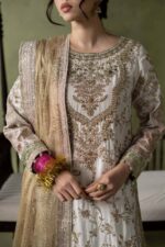 MARIA.B | 3 Piece Embroidered Raw Silk Suit - SF-W26-26-Off White | Ready To Wear - Image 3