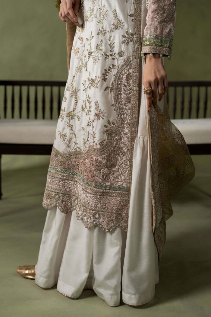 MARIA.B | 3 Piece Embroidered Raw Silk Suit - SF-W26-26-Off White | Ready To Wear - Image 5