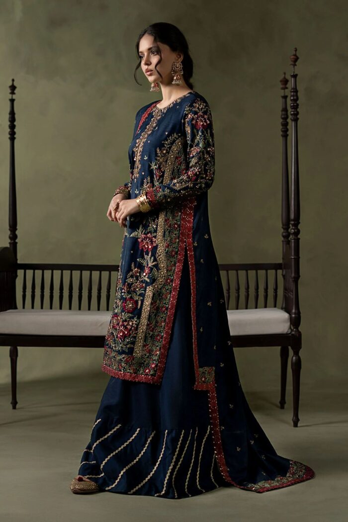 MARIA.B | 3 Piece Embellished Raw Silk Suit - SF-W26-66-Dark Blue | Ready To Wear - Image 2
