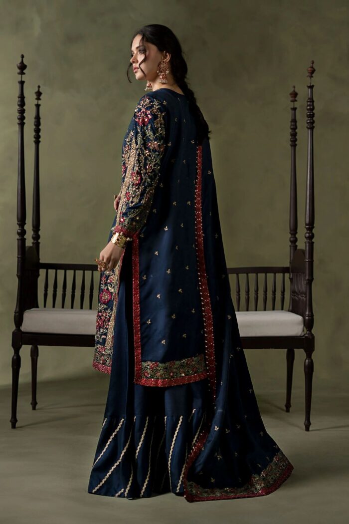 MARIA.B | 3 Piece Embellished Raw Silk Suit - SF-W26-66-Dark Blue | Ready To Wear - Image 3