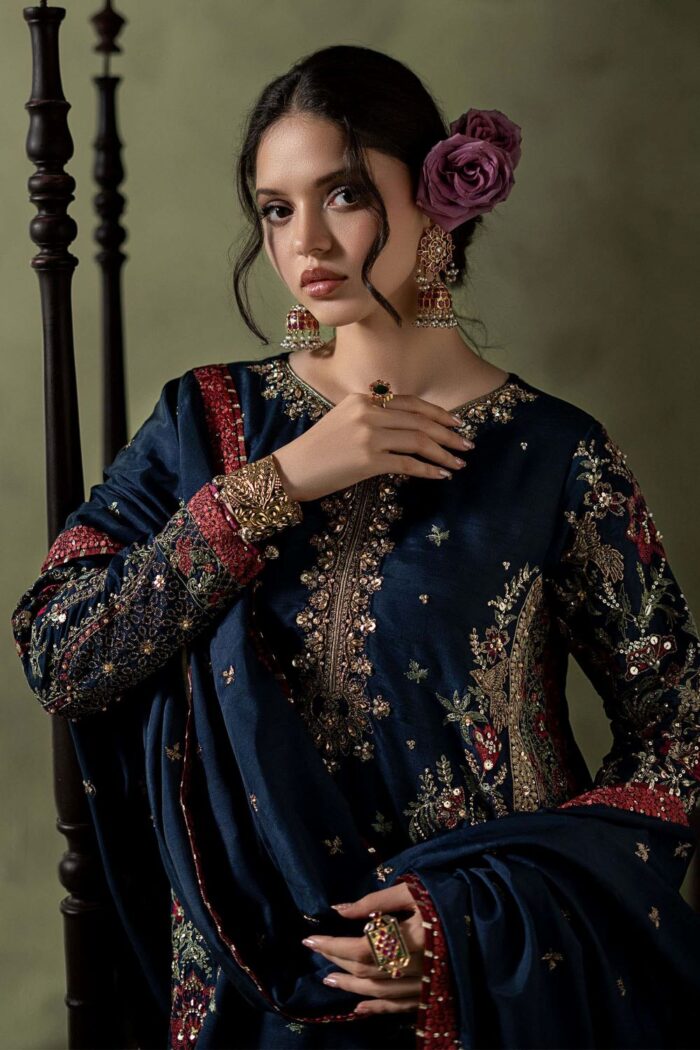MARIA.B | 3 Piece Embellished Raw Silk Suit - SF-W26-66-Dark Blue | Ready To Wear - Image 4