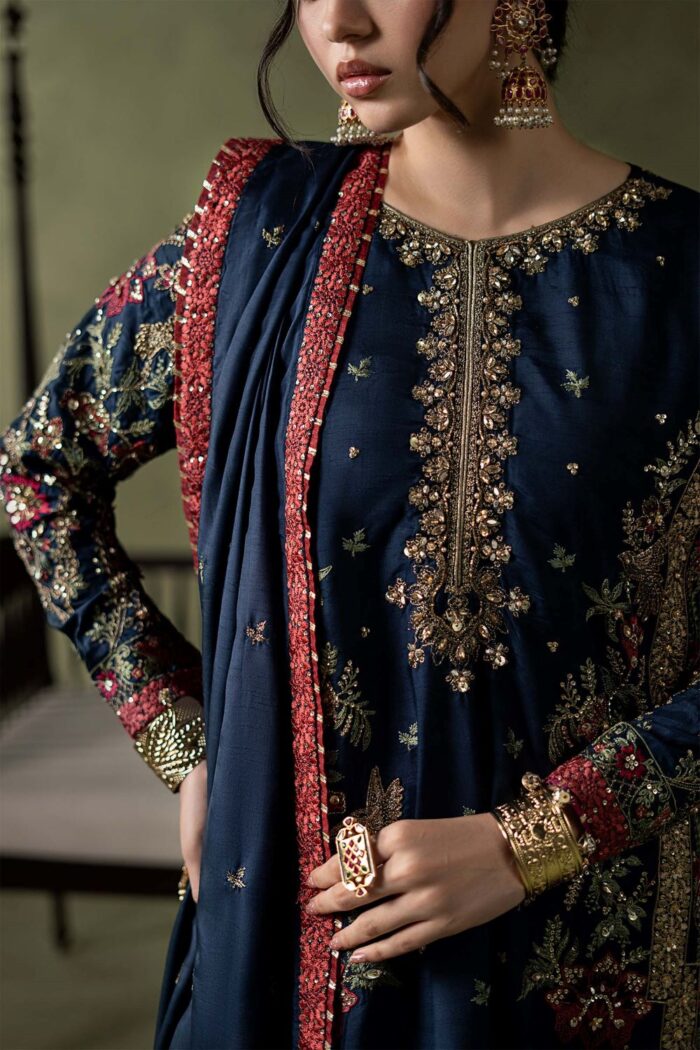MARIA.B | 3 Piece Embellished Raw Silk Suit - SF-W26-66-Dark Blue | Ready To Wear - Image 5