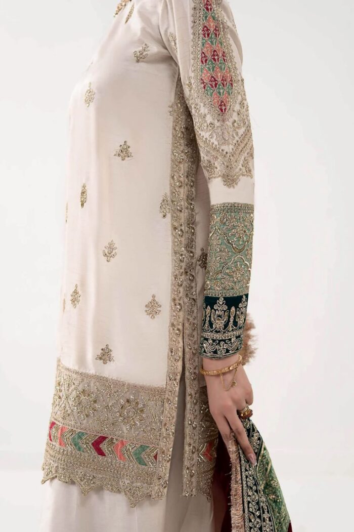 MARIA.B | 3 Piece Embroidered Raw Silk Suit - SF-W25-26-Off White | Ready To Wear - Image 5