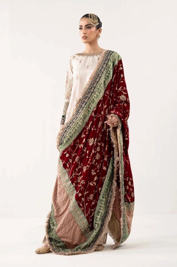 MARIA.B | 3 Piece Embroidered Raw Silk Suit - SF-W25-26-Off White | Ready To Wear - Image 2